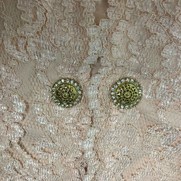 Vintage 1980s Peach Light Orange Lace Blazer Size M L Rhinestone Accent Buttons - Picture 9 of 9